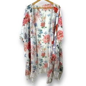 Hibluco chiffon floral print crochet trim hem long kimono coverup size S‎